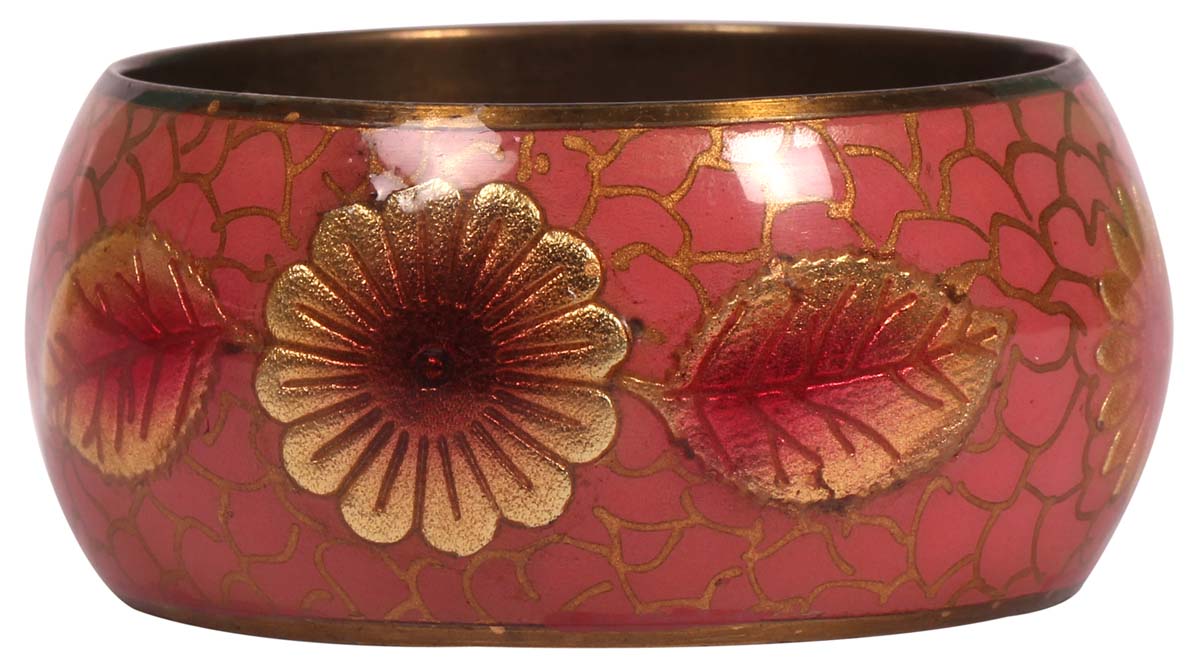 Round Broad Bangle - Shades of Pink & Dull Golden - Hand-Painted Floral Motifs - Handmade in Brass & Iron - Fashion Accessories - Unique Metal Jewelry - Buy in Bulk Wholesale